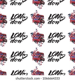 Retro british seamless pattern with London heart logo and london bus with flowers. Vintage london grunge illustration in watercolor style on white background.