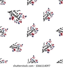 Retro british seamless pattern with I love london roses. Vintage London grunge illustration in watercolor style on white background.