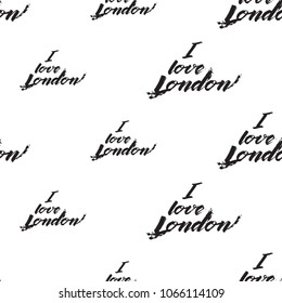 Retro british seamless pattern with I love London. Vintage London grunge illustration in watercolor style on white background.