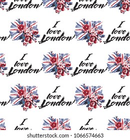 Retro british seamless pattern with I love London and england flag with roses. Vintage London grunge illustration in watercolor style on white background.