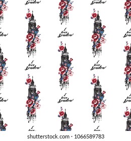 Retro british seamless pattern with I love London and Big Ben with roses. Vintage London grunge illustration in watercolor style on white background.
