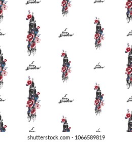Retro british seamless pattern with I love London and Big Ben with roses. Vintage London grunge illustration in watercolor style on white background.