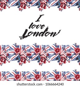 Retro british seamless pattern with I love London and england flag with roses. Vintage London grunge illustration in watercolor style on white background.
