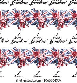 Retro british seamless pattern with I love London and england flag with roses. Vintage London grunge illustration in watercolor style on white background.