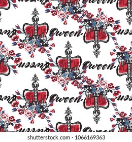 Retro british seamless pattern with queen text and crown. Vintage grunge illustration in watercolor style on white background.