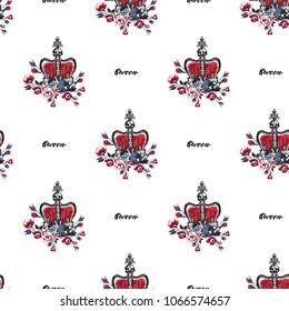 Retro british seamless pattern with queen text and crown. Vintage grunge illustration in watercolor style on white background.
