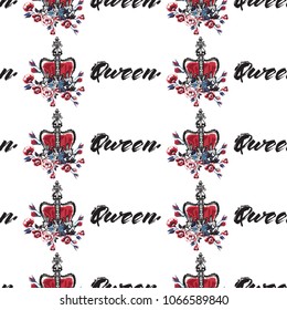 Retro british seamless pattern with queen text and crown. Vintage grunge illustration in watercolor style on white background.