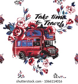 Retro british seamless pattern with roses, London bus with flowers and take time to travel text. Vintage London grunge illustration in watercolor style on white background.