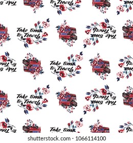 Retro british seamless pattern with roses, London bus with flowers and take time to travel text. Vintage London grunge illustration in watercolor style on white background.