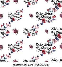 Retro british seamless pattern with roses, London bus with flowers and take time to travel text. Vintage London grunge illustration in watercolor style on white background.