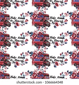 Retro british seamless pattern with roses, London bus with flowers and take time to travel text. Vintage London grunge illustration in watercolor style on white background.