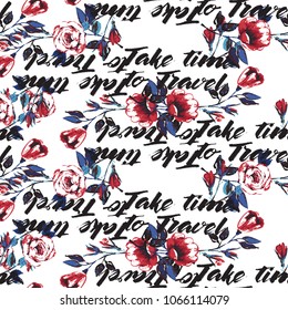 Retro british seamless pattern with take time to travel text and roses. Vintage grunge illustration in watercolor style on white background.