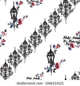 Retro british seamless pattern with take time to travel text and roses, vintage lantern and roses, vintage street lamp. Vintage grunge illustration in watercolor style on white background.