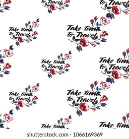 Retro british seamless pattern with take time to travel text and roses. Vintage grunge illustration in watercolor style on white background.