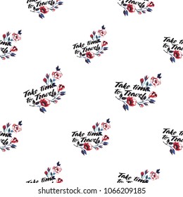 Retro british seamless pattern with take time to travel text and roses. Vintage grunge illustration in watercolor style on white background.