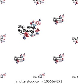 Retro british seamless pattern with take time to travel text and roses. Vintage grunge illustration in watercolor style on white background.