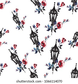 Retro british seamless pattern with vintage lantern and roses. Vintage London grunge illustration in watercolor style on white background.