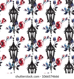 Retro british seamless pattern with vintage lantern and roses. Vintage London grunge illustration in watercolor style on white background.