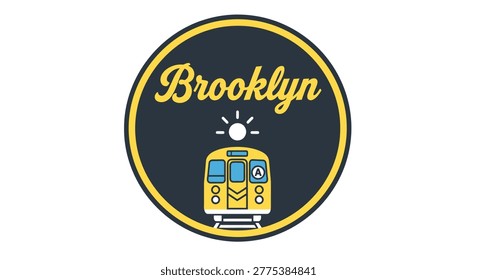 Retro Brooklyn subway emblem featuring a yellow train car icon and script lettering in a navy blue circular frame, perfect for New York City travel and transportation themes.