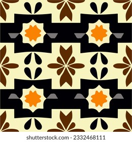 Retro brown and black flower pattern on a white background, evoking the 70s design era, perfect for fabric repetition.