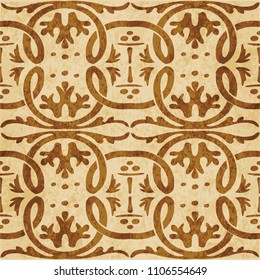 Retro brown cork texture grunge seamless background round spiral curve cross plant vine frame