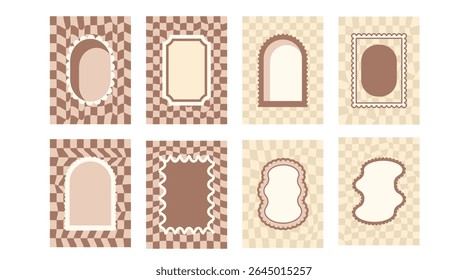 Retro brown frames with groovy checkerboard background. Set of fun beige borders with scallop wavy edges. Text boxes and callout templates for invitation. Vector abstract cadres.
