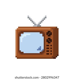 Retro brown old school tv with antenna in pixel art style isolated vector.