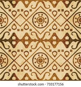 Retro brown watercolor texture grunge seamless background check round aboriginal geometry