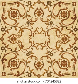 Retro brown watercolor texture grunge seamless background cross spiral vine flower