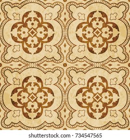 Retro brown watercolor texture grunge seamless background round curve dot line cross leaf flower