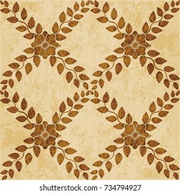 Retro brown watercolor texture grunge seamless background cross leaf flower vine