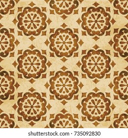 Retro brown watercolor texture grunge seamless background vintage round flower kaleidoscope