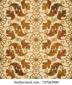 Retro brown watercolor texture grunge seamless background spiral vortex round flower leaf vine