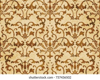 Retro brown watercolor texture grunge seamless background Chinese botanic spiral vine flower leaf