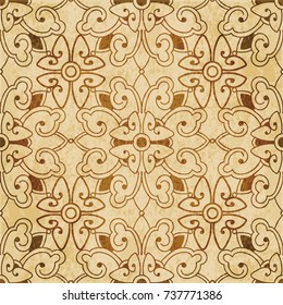 Retro brown watercolor texture grunge seamless background spiral cross round flower kaleidoscope