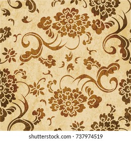 Retro brown watercolor texture grunge seamless background garden spiral curve flower vine