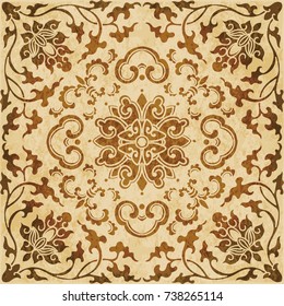 Retro brown watercolor texture grunge seamless background botanic spiral vine cross flower