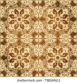 Retro brown watercolor texture grunge seamless background spiral oval polygon cross flower