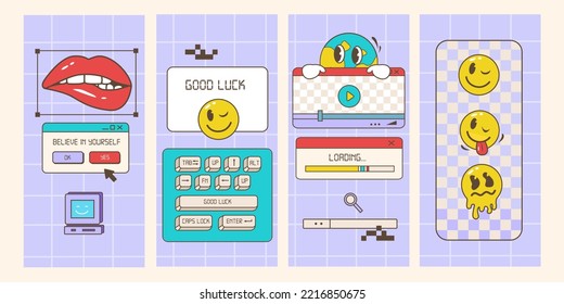 Retro browser computer window in 80-90s vaporwave style with smile face stickers for stories or a post template. Old pc user interface and the keyboard. Vector illustration