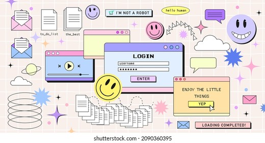 Ventana de computadora del navegador retro en estilo vaporwave de los años 90 con sonrisa cara pegatinas hipster. Retrowave pc desktop con cajas de mensajes y elementos de interfaz de usuario emergente, Vector ilustración de UI y UX.