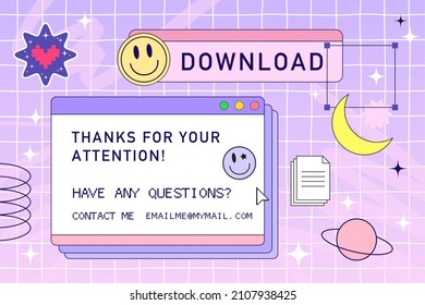 Retro browser computer window in 90s vaporwave style with smile face hipster stickers. Retrowave pc desktop with message boxes and popup user interface elements, Vector illustration of UI and UX.