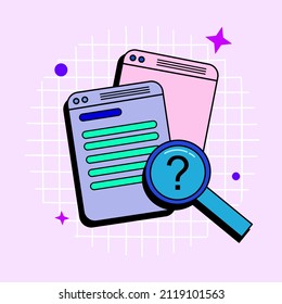 Retro browser computer window in 90s vaporwave style with document and magnifying glass. Conceptual illustration of website and application programming. Vector illustration of UI and UX.