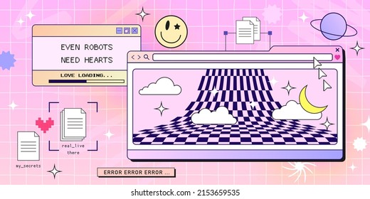 Retro browser computer window in 90s vaporwave style with smile face hipster stickers. Retrowave pc desktop with message boxes and popup user interface elements, Vector illustration of UI and UX