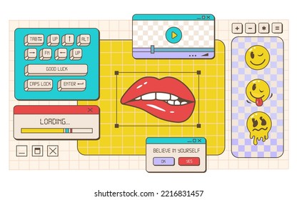 Retro browser computer window in 90s vaporwave style with smile face. Old pc user interface and the keyboard. Desktop PC with message windows and pop-up user interface elements. Vector illustration
