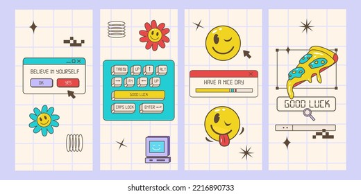 Retro browser computer window in 90s vaporwave style with smile face stickers for stories or a post template. Old pc user interface and the keyboard. Vector illustration