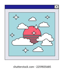 Retro browser computer window in 90s vaporwave style with sunset and clouds. Composition of user interface elements. Retrowave style sunset scene. UI and UX theme. Trendy cover in vaporwave 80's-90's 
