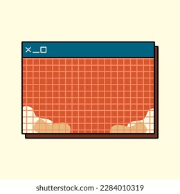 Retro browser computer window in 90s vaporwave style with smiley face hipster sticker. Retrowave desktop pc with message box and popup user interface elements, UI and UX vector illustration.