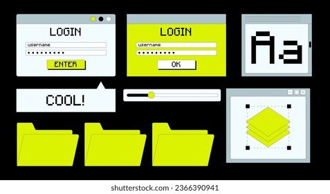 Retro browser computer window in 90s vaporwave style. Retrowave pc desktop with message boxes and popup user interface elements, Vector illustration of UI and UX.