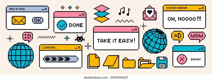 Retro browser computer window in 90s style. Message boxes and popup user interface elements. Vector illustration.