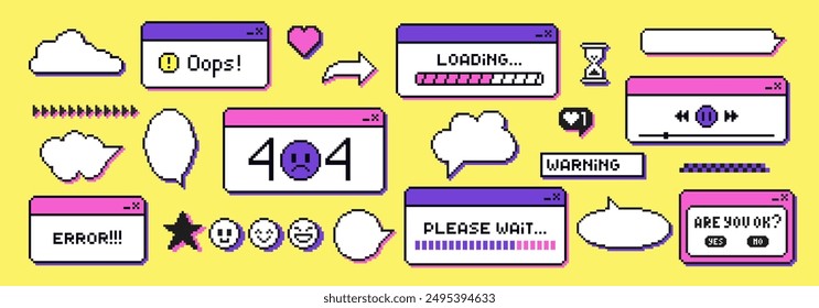 Retro browser computer window in 90s style. Message boxes and popup user interface elements. Vector illustration.